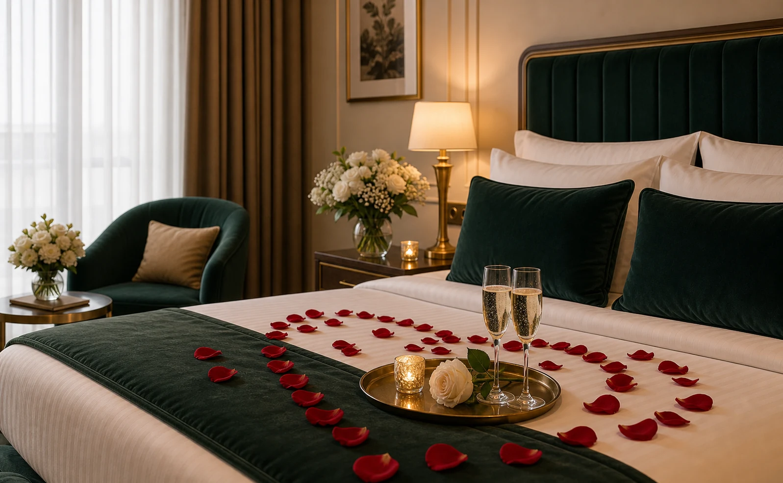 Balayı paketi için hazırlanmış romantik suit oda