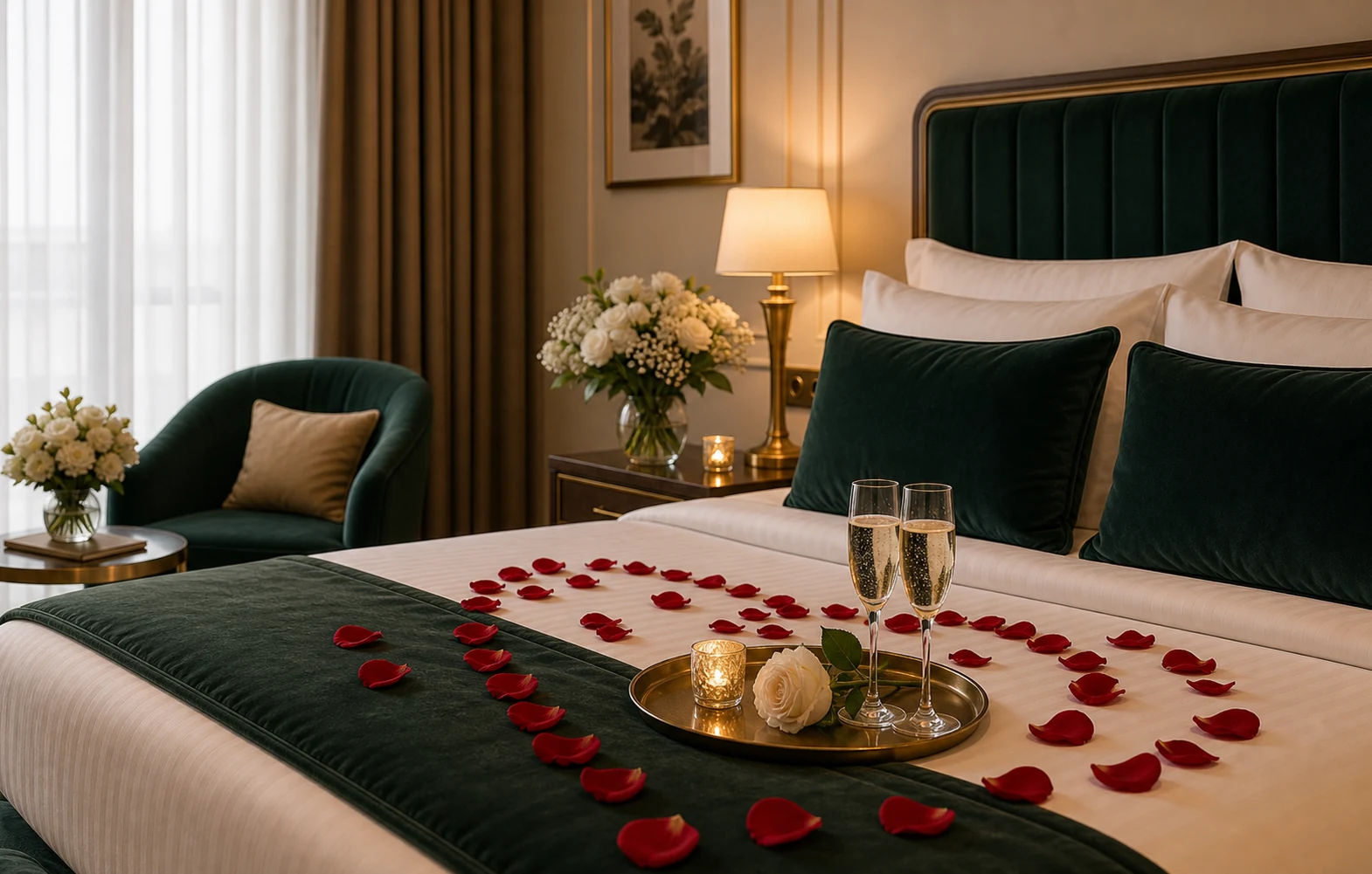 Balayı hazırlığı yapılmış romantik suit oda